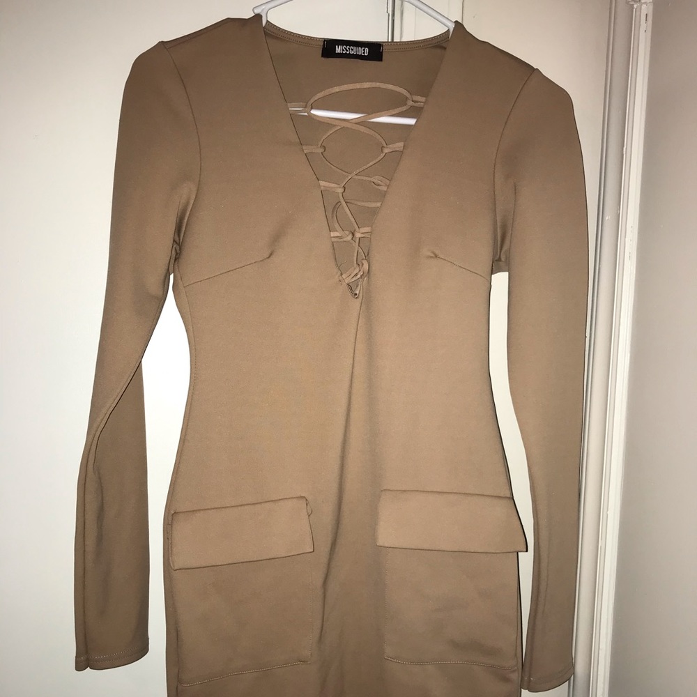 MISSGUIDED Mini Tan Dress (Long Sleeved)